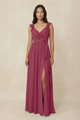 Ruffled V-Neck A-Line Chiffon Bridesmaid Dress in Desert Rose - KissProm BRIDESMAID DRESSES