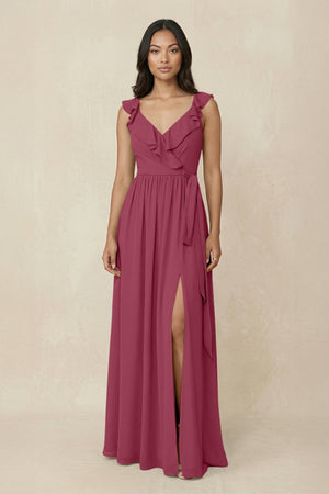 Ruffled V-Neck A-Line Chiffon Bridesmaid Dress in Desert Rose - KissProm BRIDESMAID DRESSES