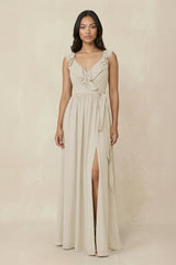 Ruffled V-Neck A-Line Chiffon Bridesmaid Dress in Dove Gray - KissProm BRIDESMAID DRESSES