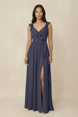 Ruffled V-Neck A-Line Chiffon Bridesmaid Dress in Dusk Blue - KissProm BRIDESMAID DRESSES