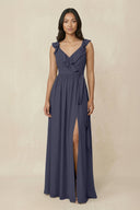 Ruffled V-Neck A-Line Chiffon Bridesmaid Dress in Dusk Blue - KissProm BRIDESMAID DRESSES