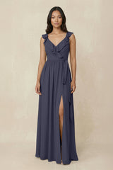 Ruffled V-Neck A-Line Chiffon Bridesmaid Dress in Dusk Blue - KissProm BRIDESMAID DRESSES