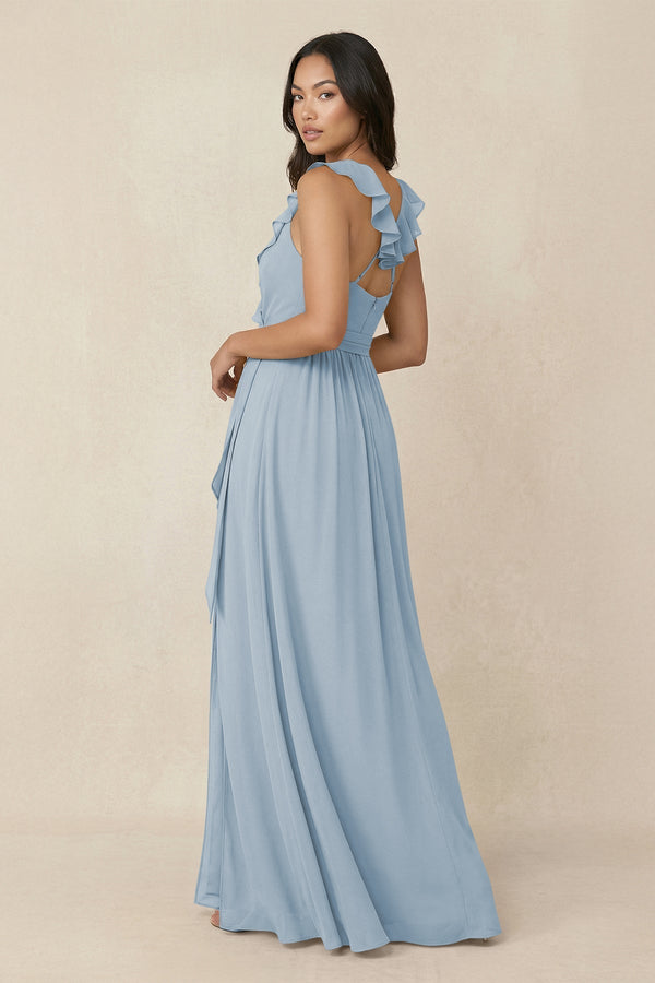 Ruffled V-Neck A-Line Chiffon Bridesmaid Dress in Dusty Blue - KissProm BRIDESMAID DRESSES