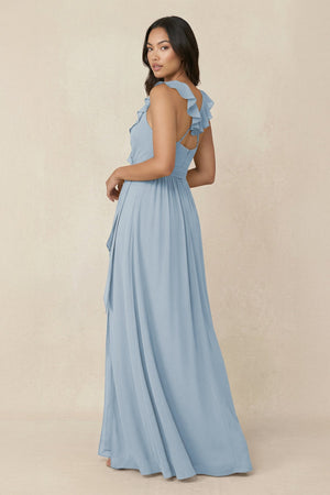 Ruffled V-Neck A-Line Chiffon Bridesmaid Dress in Dusty Blue - KissProm BRIDESMAID DRESSES