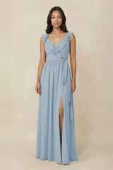Ruffled V-Neck A-Line Chiffon Bridesmaid Dress in Dusty Blue - KissProm BRIDESMAID DRESSES
