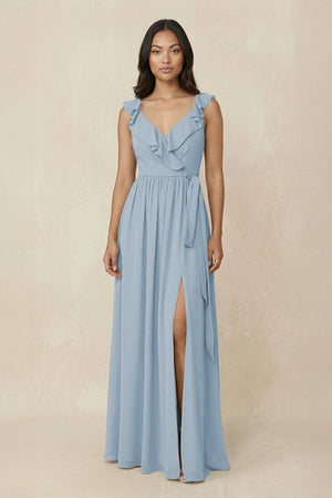 Ruffled V-Neck A-Line Chiffon Bridesmaid Dress in Dusty Blue - KissProm BRIDESMAID DRESSES