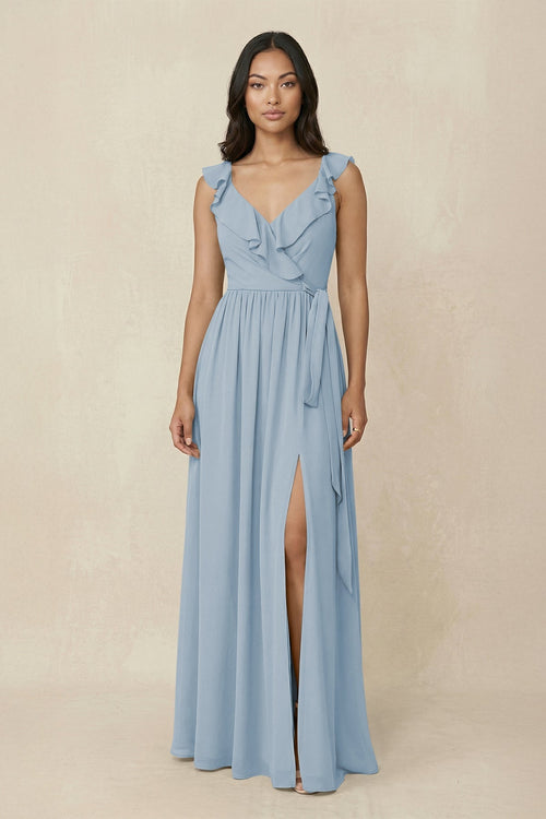 Ruffled V-Neck A-Line Chiffon Bridesmaid Dress in Dusty Blue - KissProm BRIDESMAID DRESSES