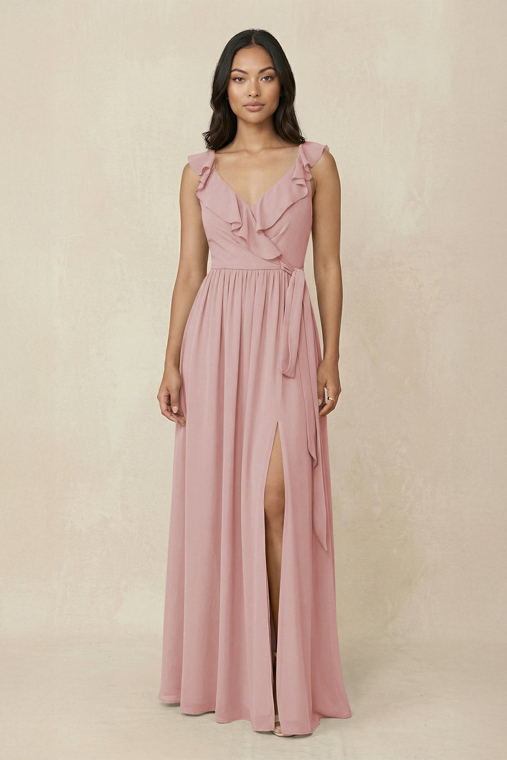 Ruffled V-Neck A-Line Chiffon Bridesmaid Dress in Dusty Rose - KissProm BRIDESMAID DRESSES