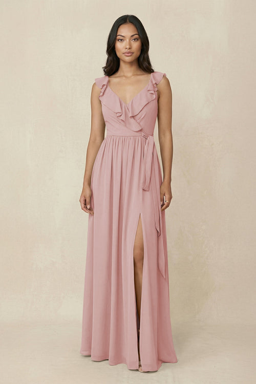 Ruffled V-Neck A-Line Chiffon Bridesmaid Dress in Dusty Rose - KissProm BRIDESMAID DRESSES