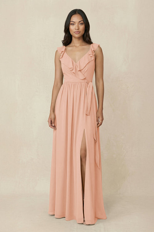 Ruffled V-Neck A-Line Chiffon Bridesmaid Dress in English Rose - KissProm BRIDESMAID DRESSES