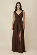 Ruffled V-Neck A-Line Chiffon Bridesmaid Dress in Espresso - KissProm BRIDESMAID DRESSES