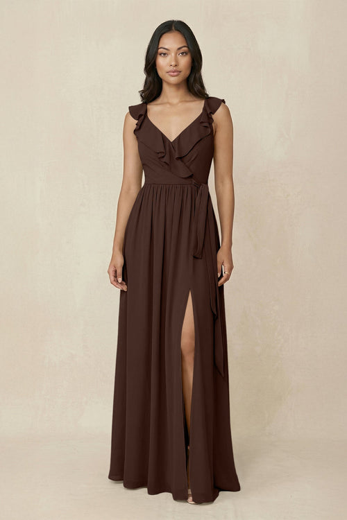 Ruffled V-Neck A-Line Chiffon Bridesmaid Dress in Espresso - KissProm BRIDESMAID DRESSES