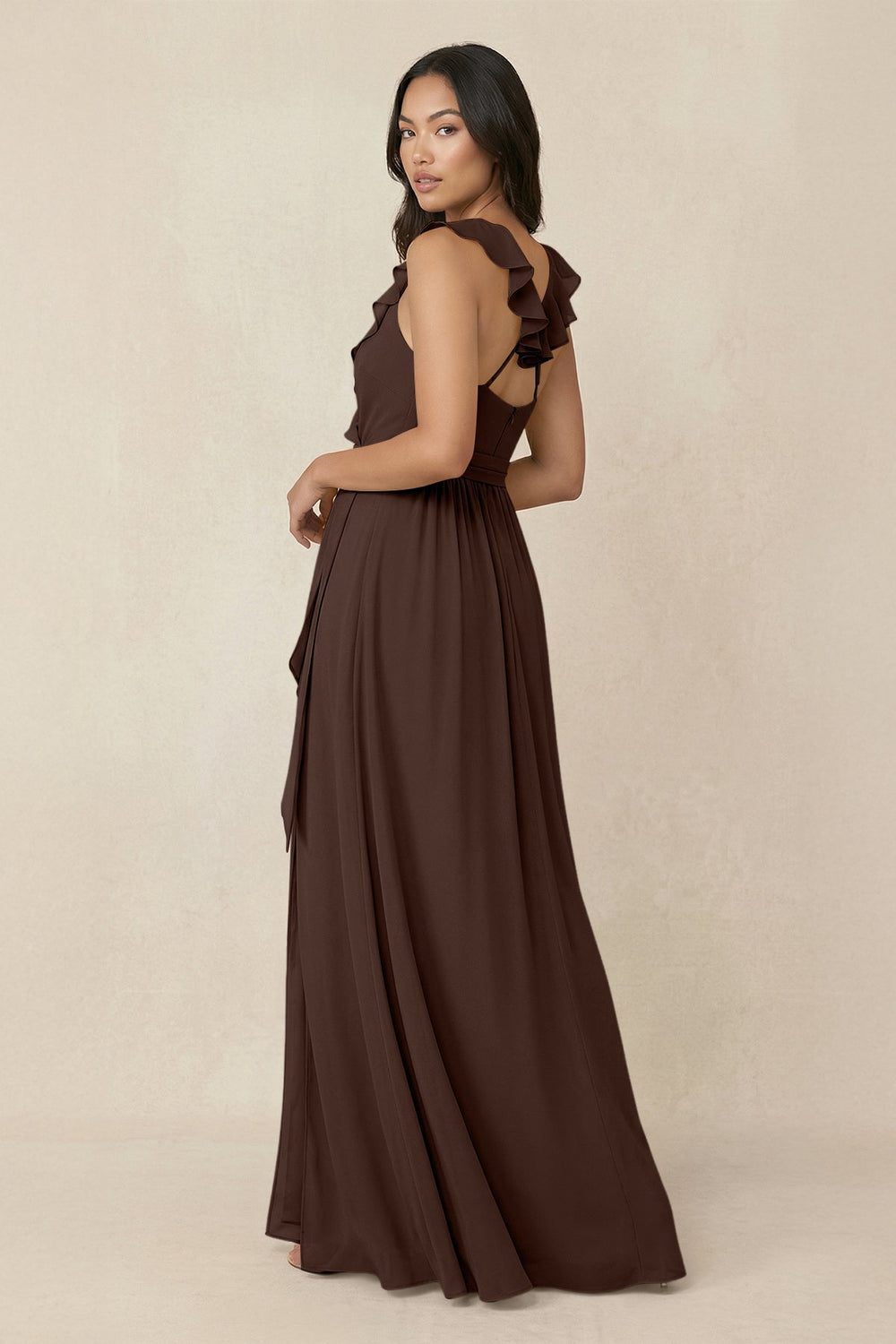 Ruffled V-Neck A-Line Chiffon Bridesmaid Dress in Espresso - KissProm BRIDESMAID DRESSES