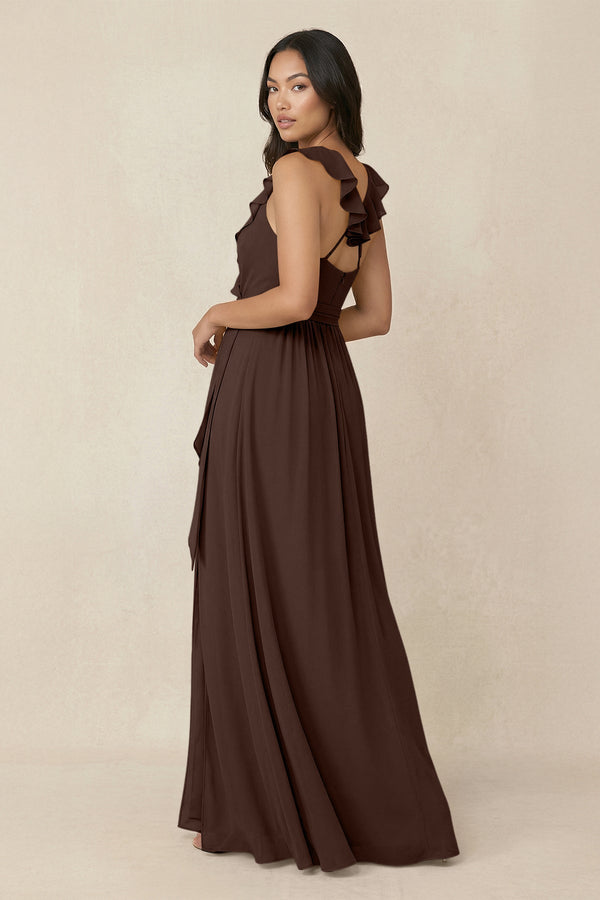 Ruffled V-Neck A-Line Chiffon Bridesmaid Dress in Espresso - KissProm BRIDESMAID DRESSES