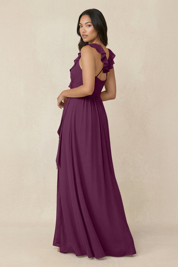 Ruffled V-Neck A-Line Chiffon Bridesmaid Dress in Fig - KissProm BRIDESMAID DRESSES