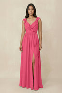 Ruffled V-Neck A-Line Chiffon Bridesmaid Dress in Fuchsia - KissProm BRIDESMAID DRESSES
