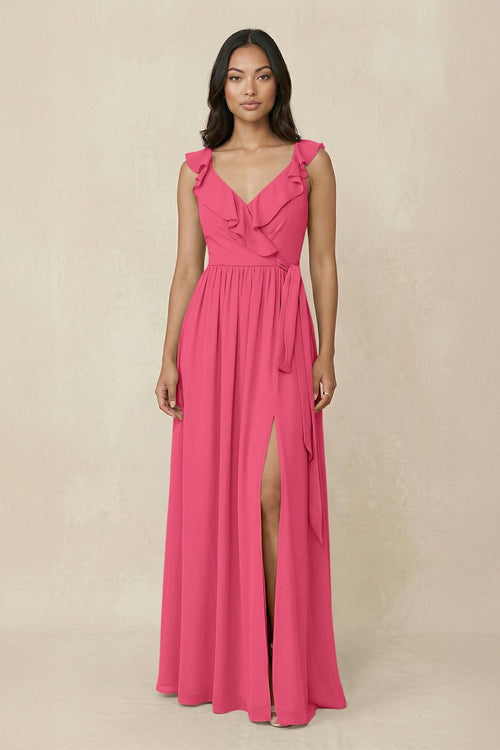 Ruffled V-Neck A-Line Chiffon Bridesmaid Dress in Fuchsia - KissProm BRIDESMAID DRESSES