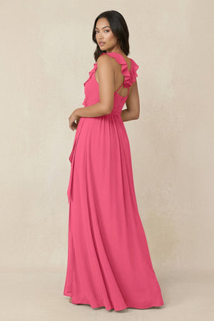 Ruffled V-Neck A-Line Chiffon Bridesmaid Dress in Fuchsia - KissProm BRIDESMAID DRESSES