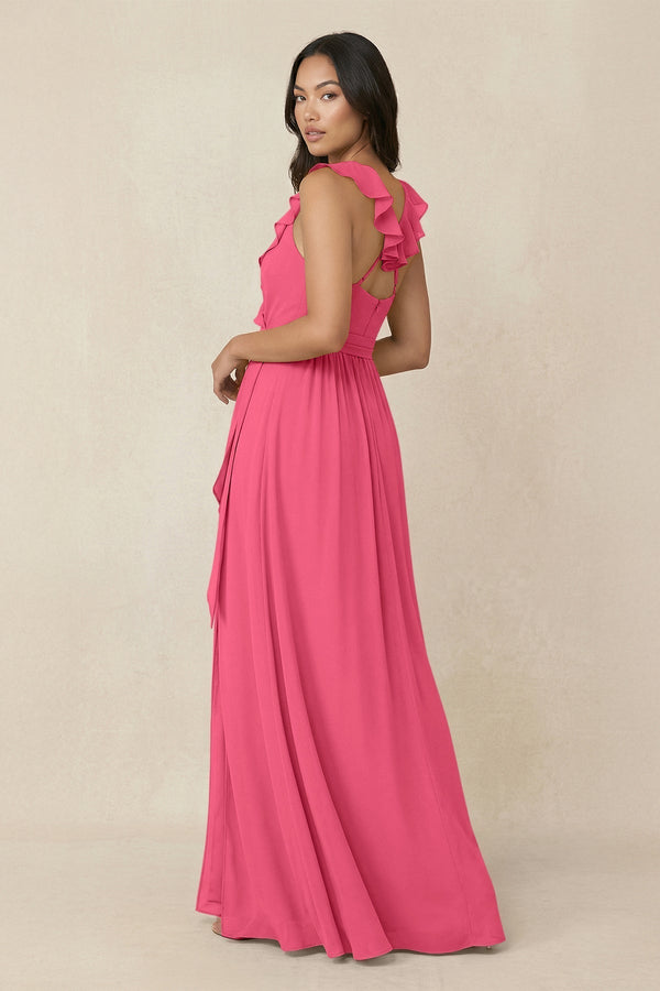 Ruffled V-Neck A-Line Chiffon Bridesmaid Dress in Fuchsia - KissProm BRIDESMAID DRESSES