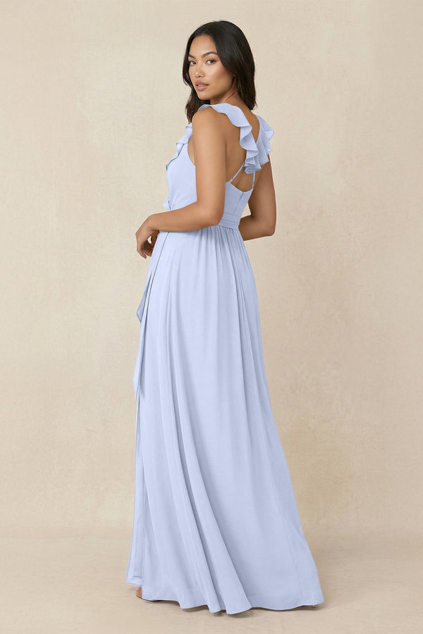 Ruffled V-Neck A-Line Chiffon Bridesmaid Dress in Ice - KissProm BRIDESMAID DRESSES