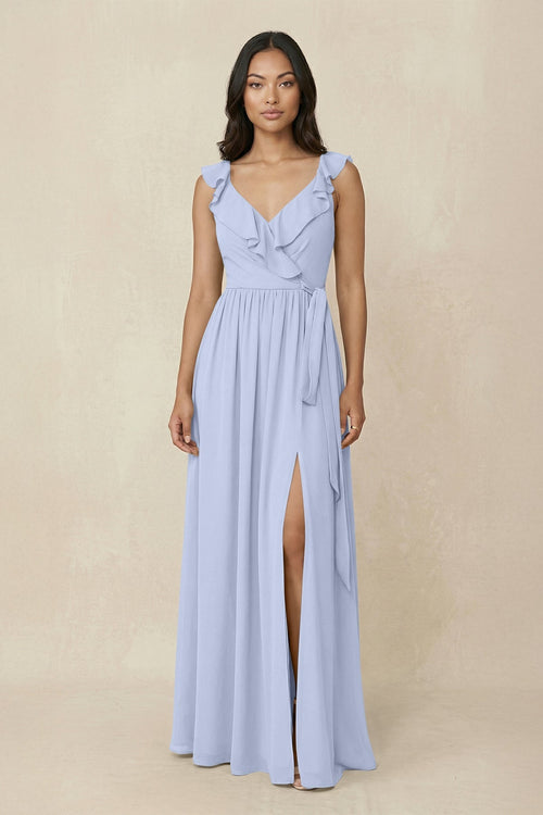 Ruffled V-Neck A-Line Chiffon Bridesmaid Dress in Ice - KissProm BRIDESMAID DRESSES