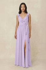 Ruffled V-Neck A-Line Chiffon Bridesmaid Dress in Lavender - KissProm BRIDESMAID DRESSES
