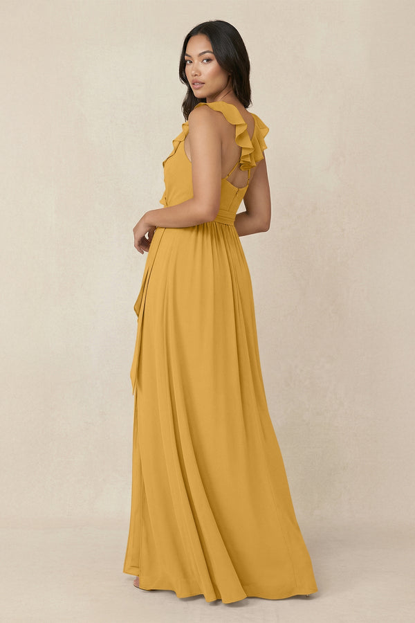 Ruffled V-Neck A-Line Chiffon Bridesmaid Dress in Marigold - KissProm BRIDESMAID DRESSES