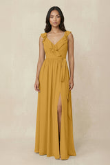 Ruffled V-Neck A-Line Chiffon Bridesmaid Dress in Marigold - KissProm BRIDESMAID DRESSES