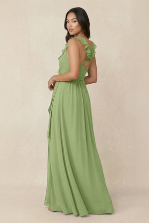 Ruffled V-Neck A-Line Chiffon Bridesmaid Dress in Matcha - KissProm BRIDESMAID DRESSES