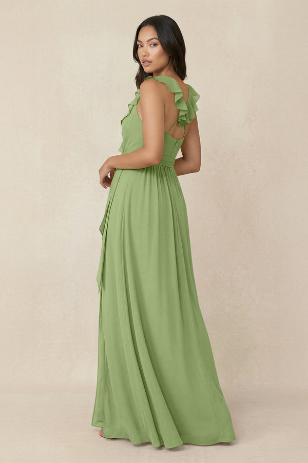 Ruffled V-Neck A-Line Chiffon Bridesmaid Dress in Matcha - KissProm BRIDESMAID DRESSES