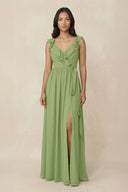 Ruffled V-Neck A-Line Chiffon Bridesmaid Dress in Matcha - KissProm BRIDESMAID DRESSES