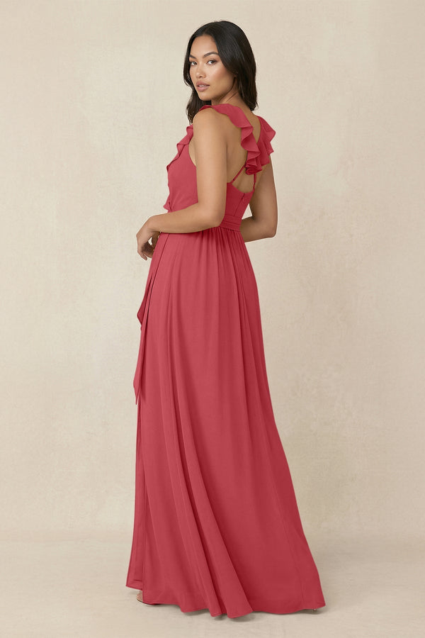 Ruffled V-Neck A-Line Chiffon Bridesmaid Dress in Merlot - KissProm BRIDESMAID DRESSES