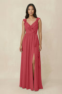 Ruffled V-Neck A-Line Chiffon Bridesmaid Dress in Merlot - KissProm BRIDESMAID DRESSES