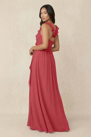 Ruffled V-Neck A-Line Chiffon Bridesmaid Dress in Merlot - KissProm BRIDESMAID DRESSES