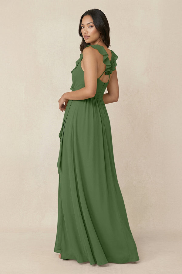 Ruffled V-Neck A-Line Chiffon Bridesmaid Dress in Moss - KissProm BRIDESMAID DRESSES