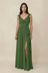 Ruffled V-Neck A-Line Chiffon Bridesmaid Dress in Moss - KissProm BRIDESMAID DRESSES