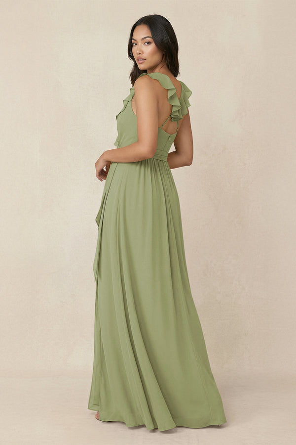 Ruffled V-Neck A-Line Chiffon Bridesmaid Dress in Moss Green - KissProm BRIDESMAID DRESSES