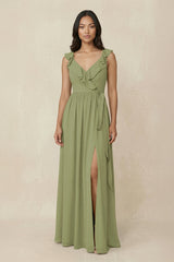 Ruffled V-Neck A-Line Chiffon Bridesmaid Dress in Moss Green - KissProm BRIDESMAID DRESSES