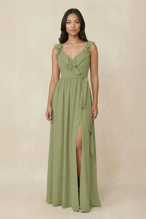 Ruffled V-Neck A-Line Chiffon Bridesmaid Dress in Moss Green - KissProm BRIDESMAID DRESSES