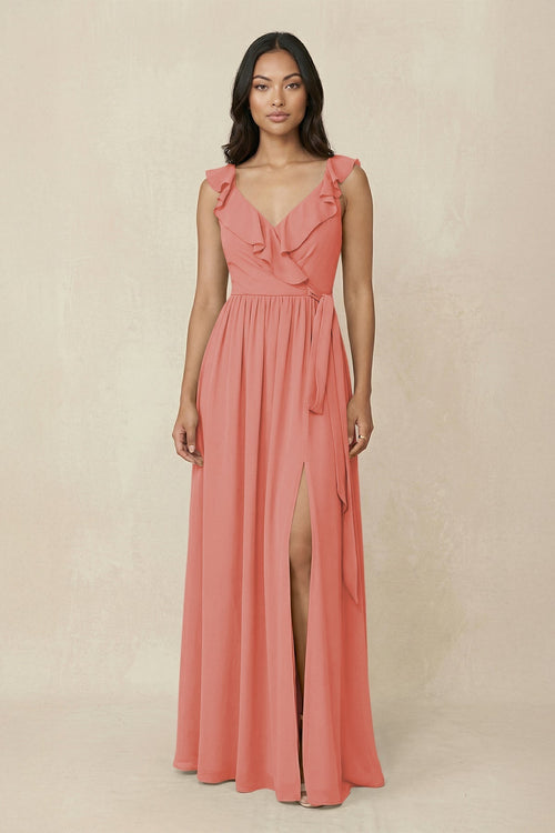 Ruffled V-Neck A-Line Chiffon Bridesmaid Dress in Mulberry - KissProm BRIDESMAID DRESSES