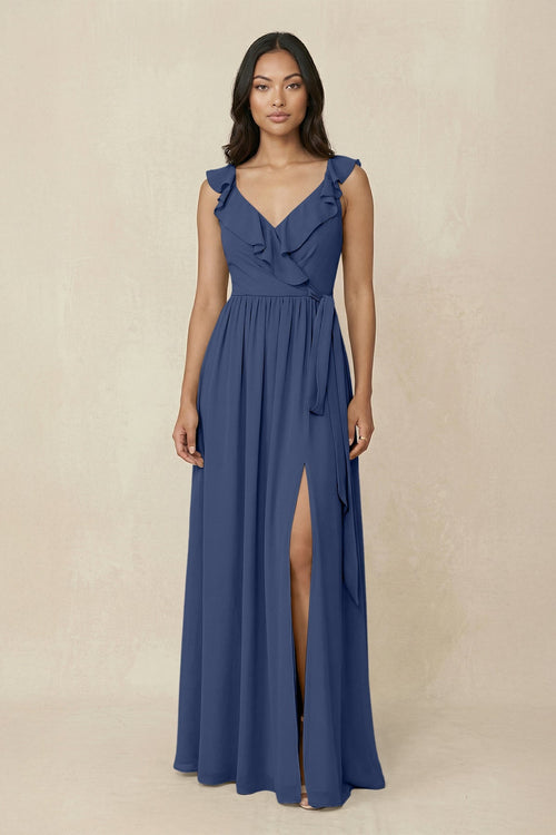 Ruffled V-Neck A-Line Chiffon Bridesmaid Dress in Navy - KissProm BRIDESMAID DRESSES