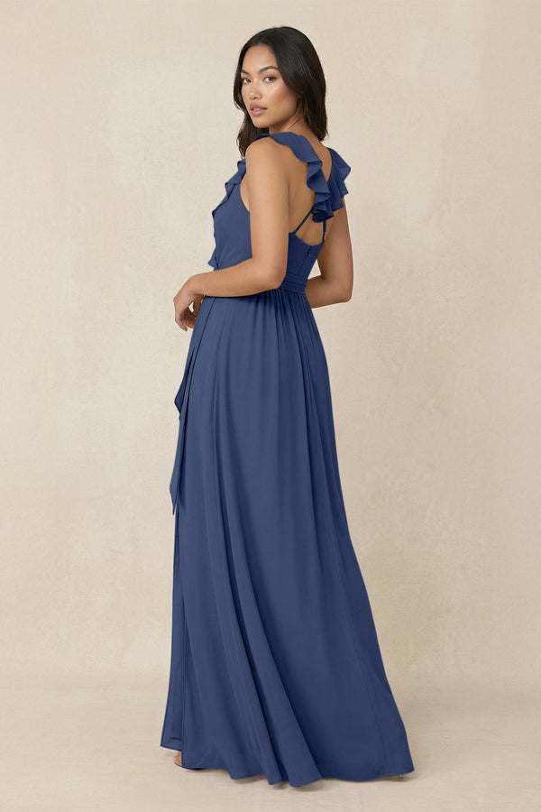 Ruffled V-Neck A-Line Chiffon Bridesmaid Dress in Navy - KissProm BRIDESMAID DRESSES