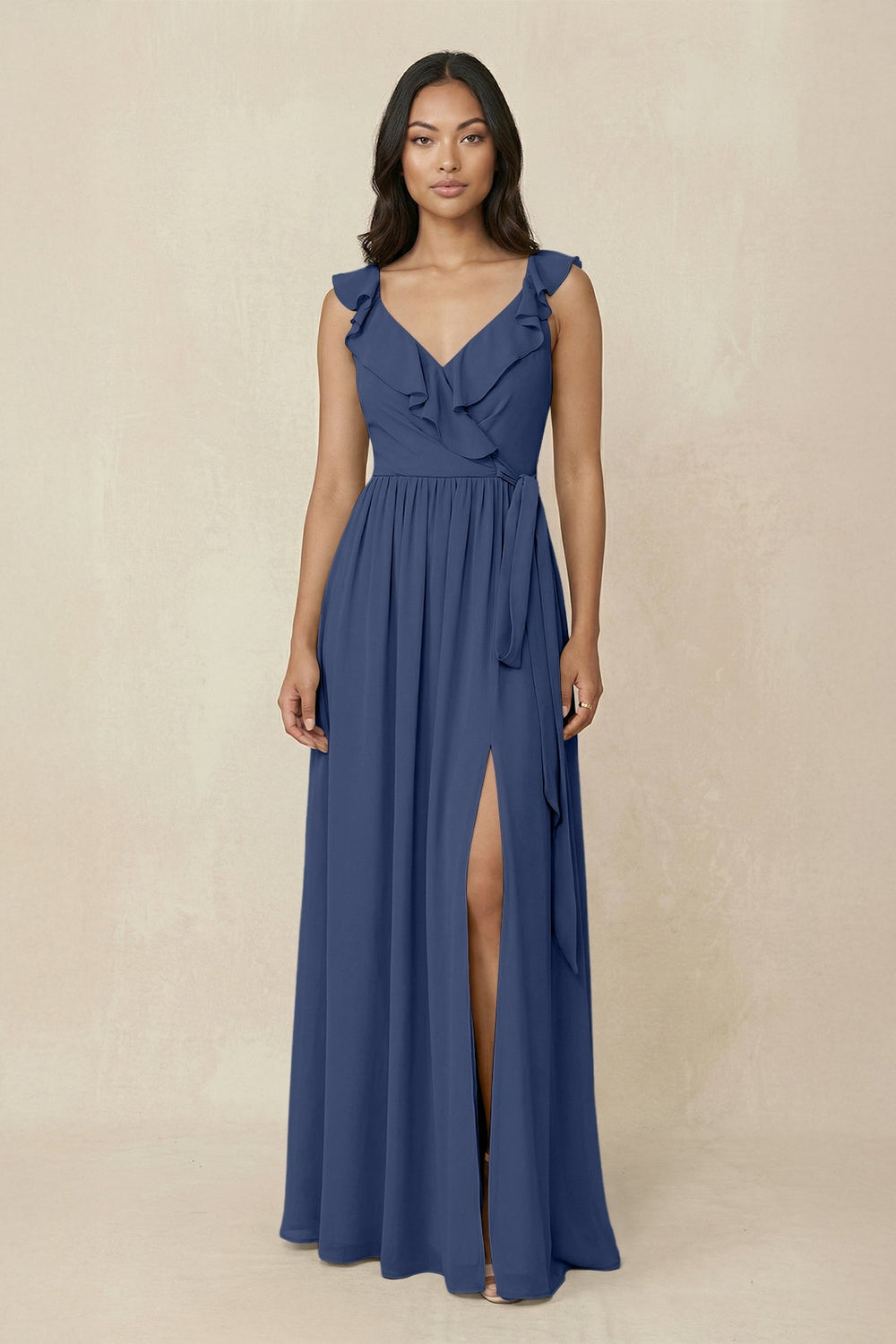 Ruffled V-Neck A-Line Chiffon Bridesmaid Dress in Navy - KissProm BRIDESMAID DRESSES