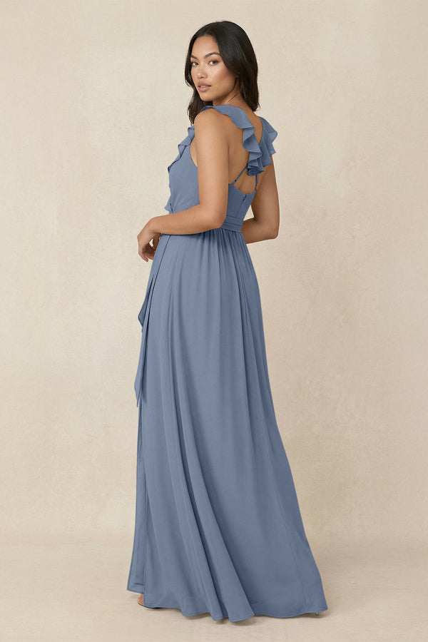 Ruffled V-Neck A-Line Chiffon Bridesmaid Dress in Neptune - KissProm BRIDESMAID DRESSES