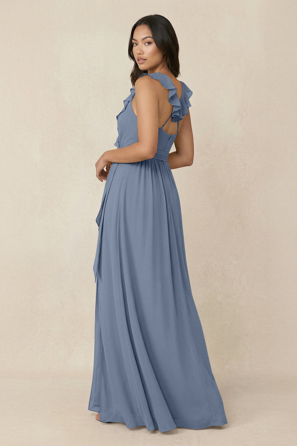 Ruffled V-Neck A-Line Chiffon Bridesmaid Dress in Neptune - KissProm BRIDESMAID DRESSES