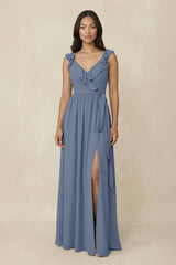 Ruffled V-Neck A-Line Chiffon Bridesmaid Dress in Neptune - KissProm BRIDESMAID DRESSES