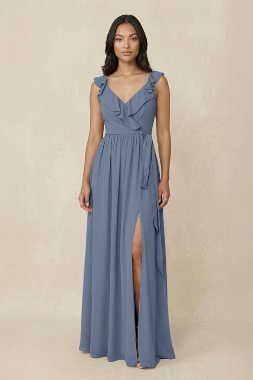 Ruffled V-Neck A-Line Chiffon Bridesmaid Dress in Neptune - KissProm BRIDESMAID DRESSES