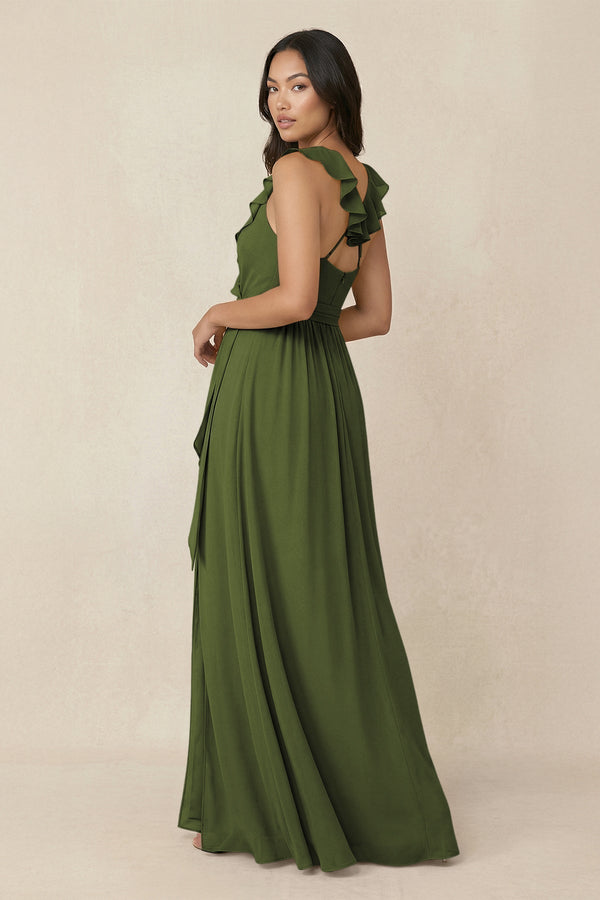 Ruffled V-Neck A-Line Chiffon Bridesmaid Dress in Olive - KissProm BRIDESMAID DRESSES