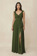 Ruffled V-Neck A-Line Chiffon Bridesmaid Dress in Olive - KissProm BRIDESMAID DRESSES
