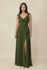Ruffled V-Neck A-Line Chiffon Bridesmaid Dress in Olive - KissProm BRIDESMAID DRESSES